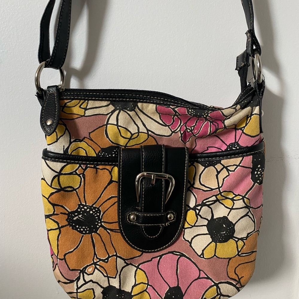 Floral Canvas Shoulder Bag with Black Accents